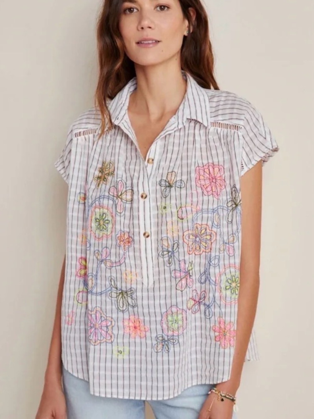 Anthropologie White Striped Button-Front Top with Multicolor Floral Embroidery